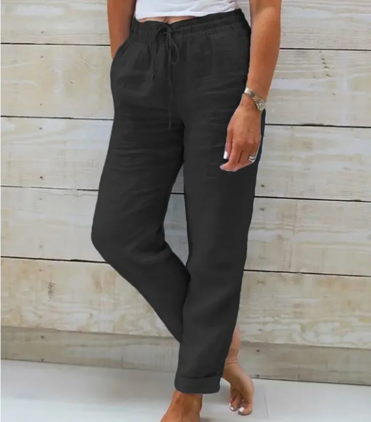 Color: Blue, Size: L - Cotton Linen Summer Pants for Women High Waist Elastic Casual Trousers Streetwear Solid Female Clothes 2024 Loose Pencil Pants
