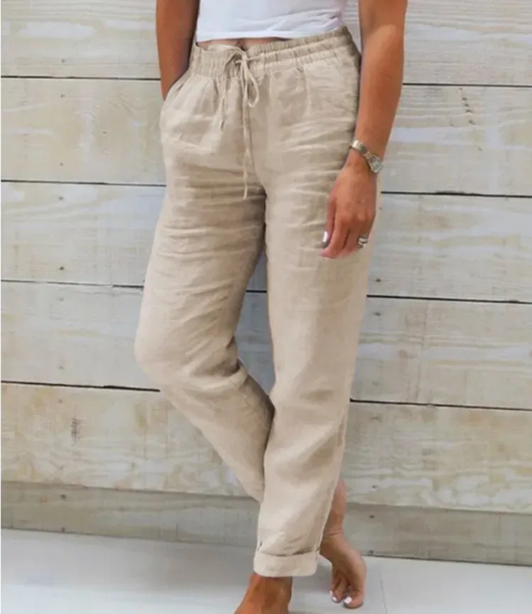 Color: Blue, Size: L - Cotton Linen Summer Pants for Women High Waist Elastic Casual Trousers Streetwear Solid Female Clothes 2024 Loose Pencil Pants