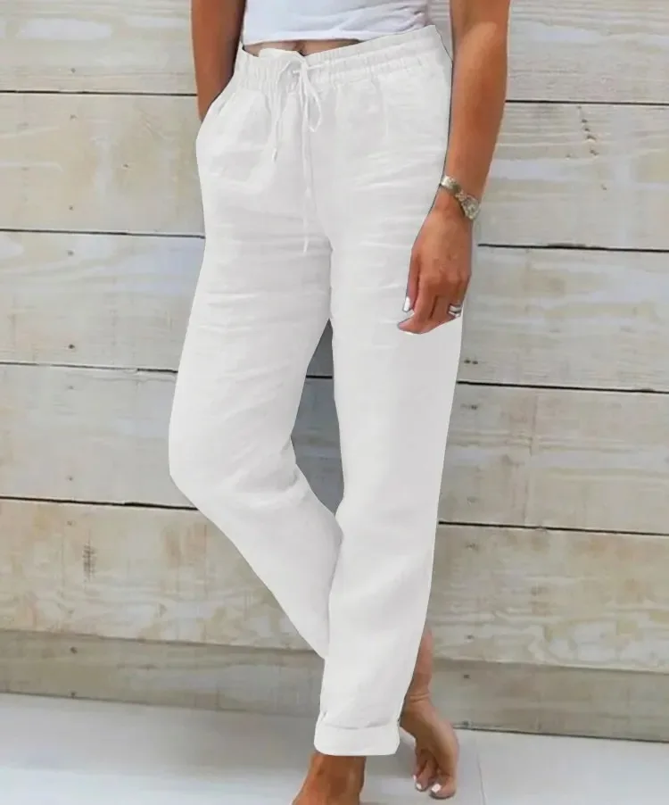 Color: Blue, Size: L - Cotton Linen Summer Pants for Women High Waist Elastic Casual Trousers Streetwear Solid Female Clothes 2024 Loose Pencil Pants