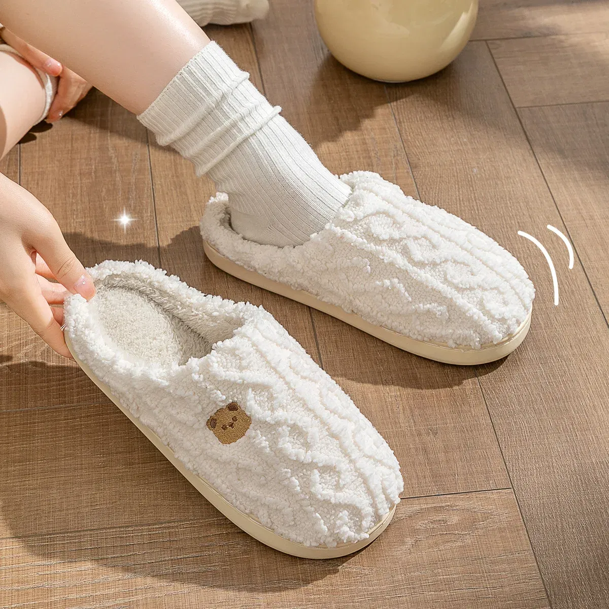 Color: Olivine, Shoe Size: 40-41, Ships From: CHINA - Gacimy Women Fur Plush Slippers Girls Cut Bear Fuzzy Indoor Flat Home Slides Bedroom Fur Shoes Winter Warm Fluffy Cotton Slipper