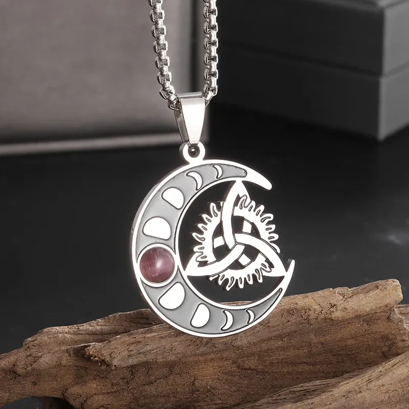 Metal Color: Antique Gold Plated - Stainless Steel Silver Color Pattern Witch Knot Pendant Necklace Celtic Knot Lucky Jewelry Gift for Friends Family