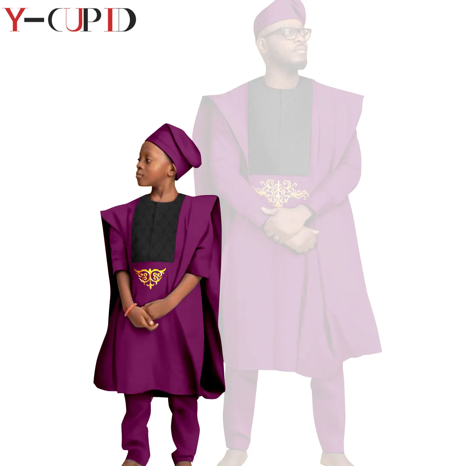 Color: Brown, Size: M - African Clothes for Men Top Pants Robes Hat Sets Match Kid Boy Sets Dashiki Father and Son Bazin Riche Family Outfits Y20F001