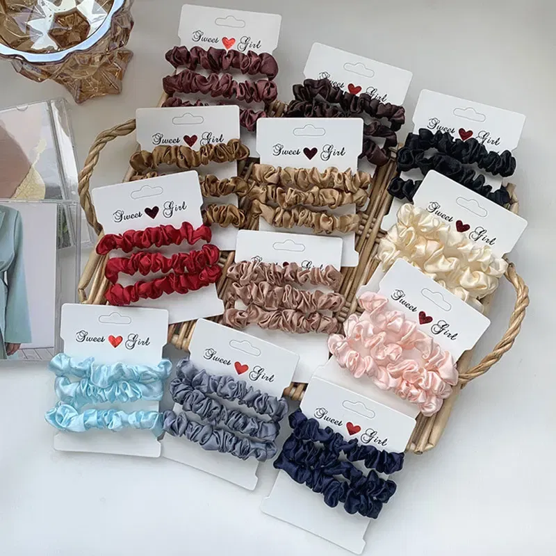 Color: Pink - Free Shipping 3PCS/Set Satin Silky Scrunchies Hair Rope Luxury Solid Color Elastic Hair Bands Women Hair Accessories Headwear