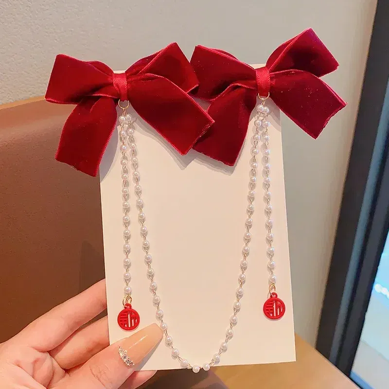 Color: Yellow - Elegant Pearl Bow Tassel Hair Clip Solid Velvet Hair Claw Children Princess Best Hairpins New Fashion Beauty Hair Accessories