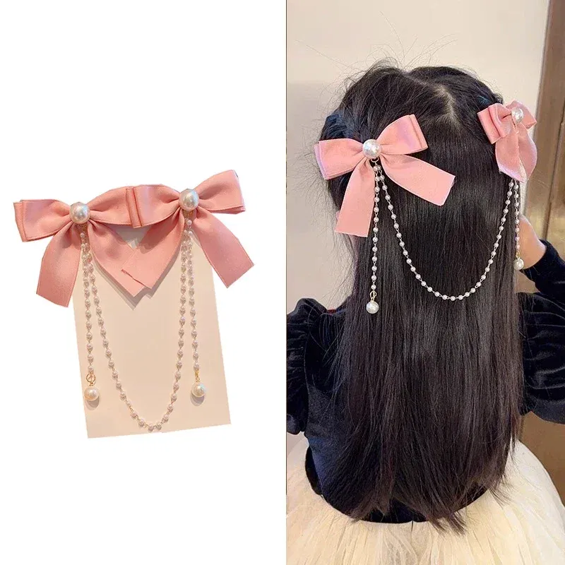 Color: Yellow - Elegant Pearl Bow Tassel Hair Clip Solid Velvet Hair Claw Children Princess Best Hairpins New Fashion Beauty Hair Accessories