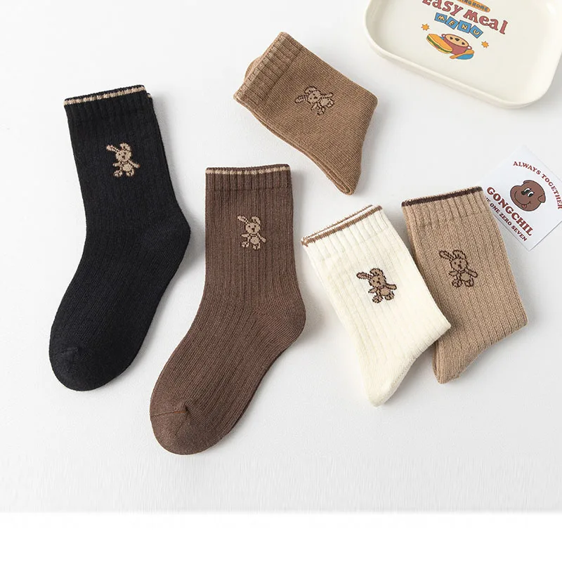 Color: GRAY, Size: 2-3T - Autumn Socks Baby 5 Pairs Cartoon Bunny Pattern Socks Girls Calf Length Children Socks Solid Cotton Socks