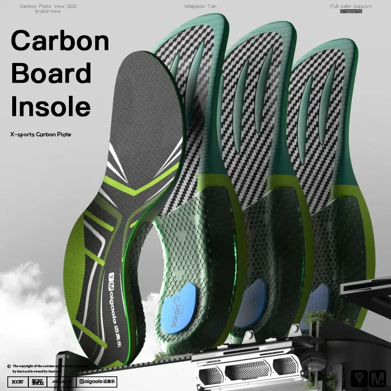 Color: green, Shoe Size: 2.5 - Mcgola Racing Running Special Insole Marathon Physical Examination Full-Length Real Carbon Plate Running Enhancement with Speed Rebound