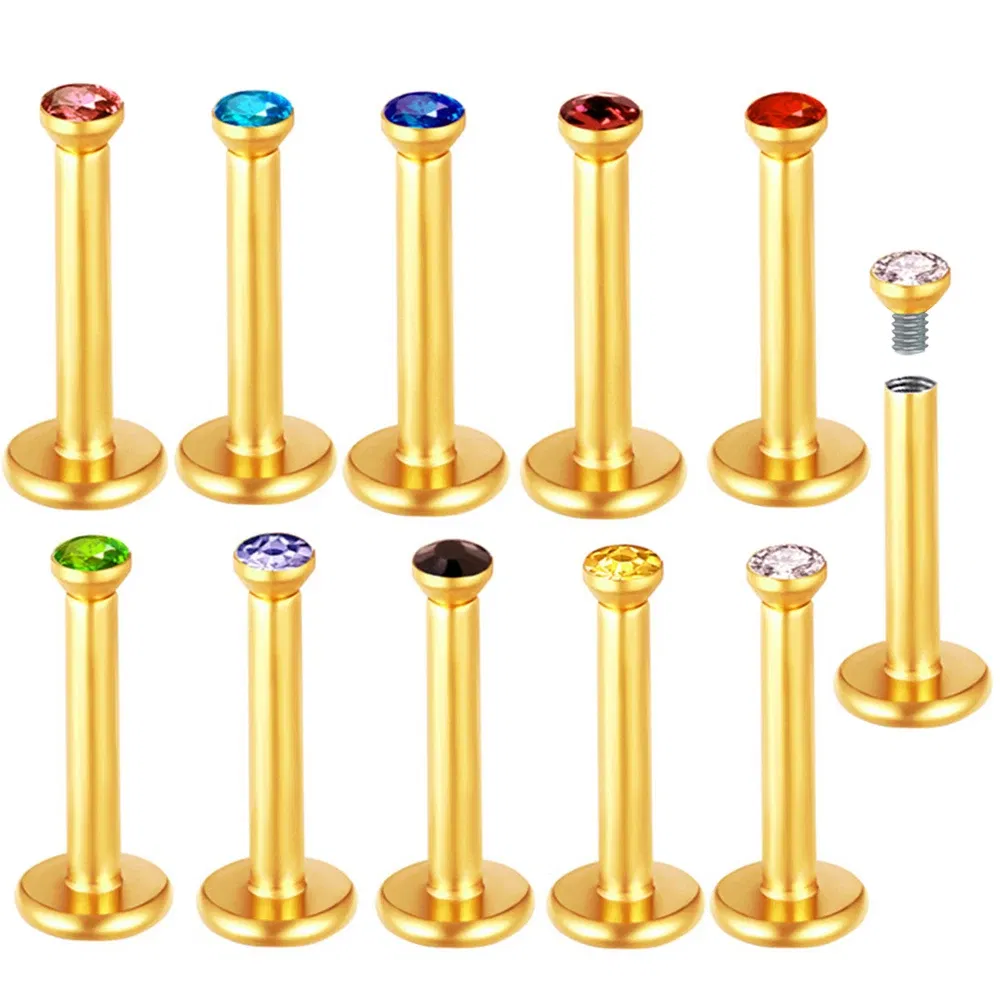 Metal color: Light Yellow Color - 2X 16g 1.2mm Crystal Steel -Gold- Labret Ring Bar Ear Cartilage Tragus Monroe Lip Nose Stud Internally Threaded Piercing