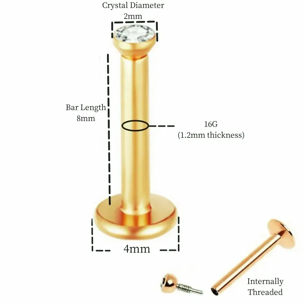 Metal color: Light Yellow Color - 2X 16g 1.2mm Crystal Steel -Gold- Labret Ring Bar Ear Cartilage Tragus Monroe Lip Nose Stud Internally Threaded Piercing