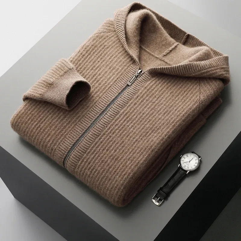 Color: Gold, Size: XXL, Ships From: CHINA - New Product 100% Merino Wool Knitted Cardigan For Men Hooded Sweater Casual High-end Jacket Men's long Sleeved Wool Sweater Coat