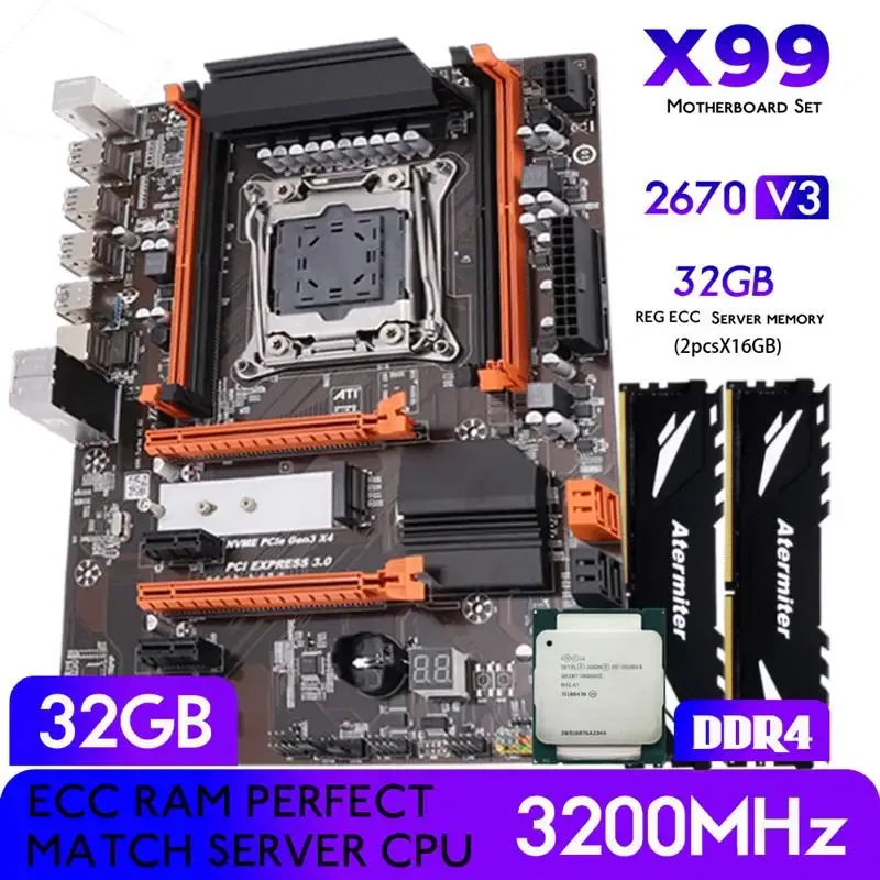 Top Atermiter X99 Motherboard Kit Set With LGA 2011-3 Xeon E5 2670 V3 CPU Processor 32GB DDR4 3200MHz REG Ecc RAM Memory Combo