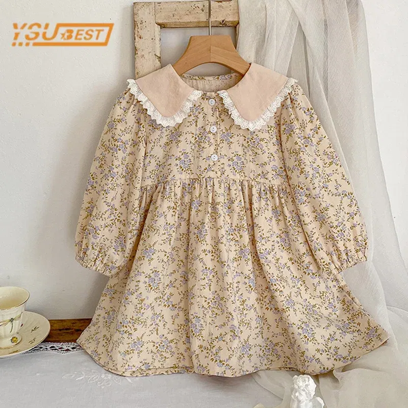 Color: Coffee, Kid Size: 2T - Sweet Kids Baby Girls Long Sleeve Flower Printing Princess Dress Autumn Baby Girls Doll Collar Dress Children Clothes Dress