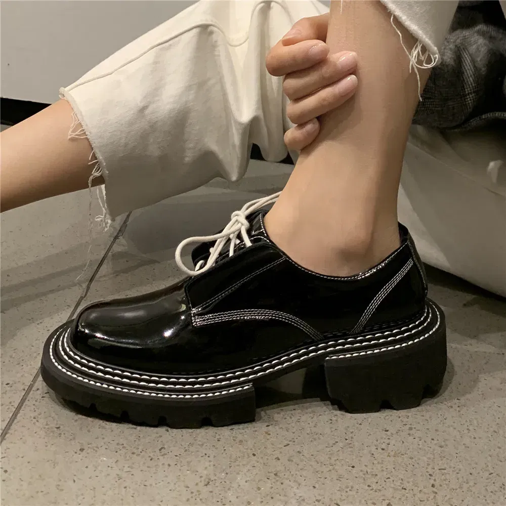 Color: Beige, Shoe Size: 6 - MILI-MIYA New Arrival Thick Heels Women Cow Patent Leather Pumps Lace Up Round Toe Fashion Street Casual Shoes Size 34-42