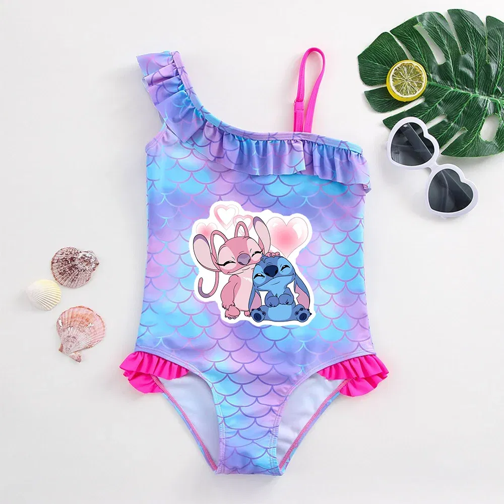 Color: Chocolate, Size: XS - Stitch Girls Swimsuit Fashion Mermaid Fish Scale One-Piece Bathing Suits Children's Dresses Summer Swimwear Beach Suit Kids Wear