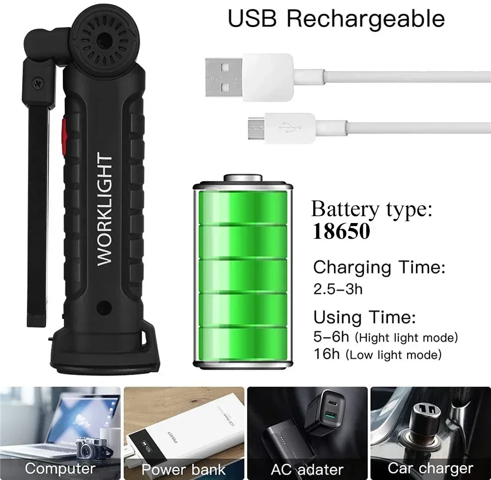 Emitting Color: Blue - COB LED Work Light Dimmable USB Rechargeable LED Flashlight Inspection Lamp With Magnetic Hook Power Bank 18650 Battery Torch