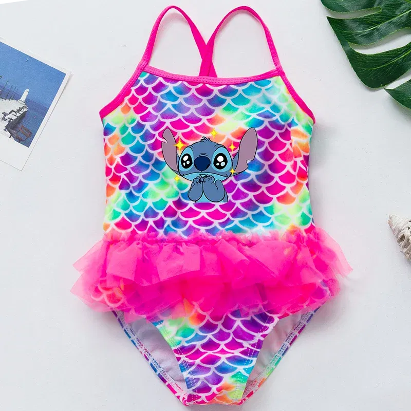 Color: Dark Grey, Kid Size: 6M - Lilo Stitch Girl Swimsuit Summer One-Piece Swimwear Beachwear Pool Mermaid Fish Scale Print Bikini Bathing Outfit Swimming Wear