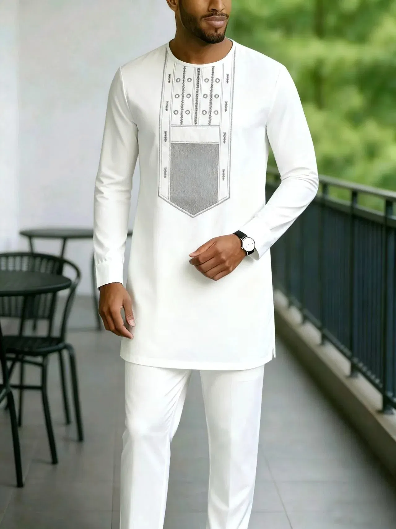 Color: WHITE, Size: 4XL - New Men's Tenos Wedding 2-Piece Suit Waist Pants Shirt Solid Color Panel Long Sleeve Party African Ethnic Style Clothing (M-4XL)
