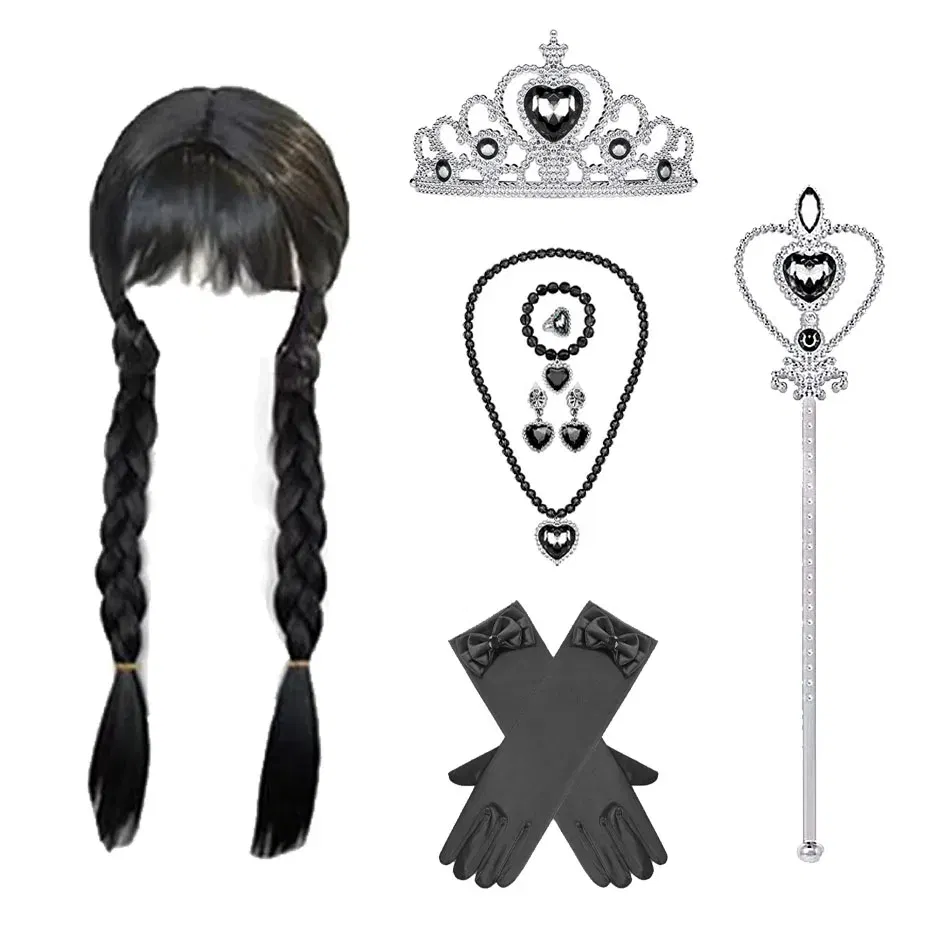 Color: WHITE - Wednesday Wig For Kids Halloween Wednesday Addams Black Braids Synthetic Hair Cosplay Accessories Crown Necklace Headdress Suit