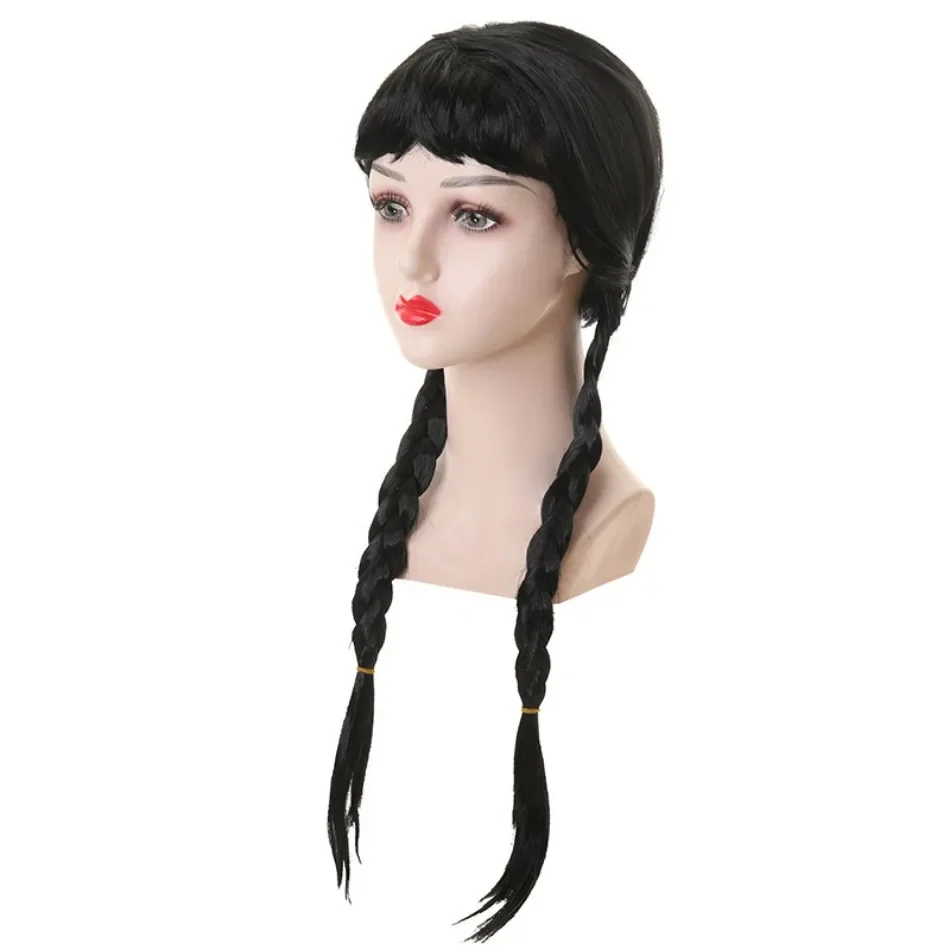 Color: WHITE - Wednesday Wig For Kids Halloween Wednesday Addams Black Braids Synthetic Hair Cosplay Accessories Crown Necklace Headdress Suit