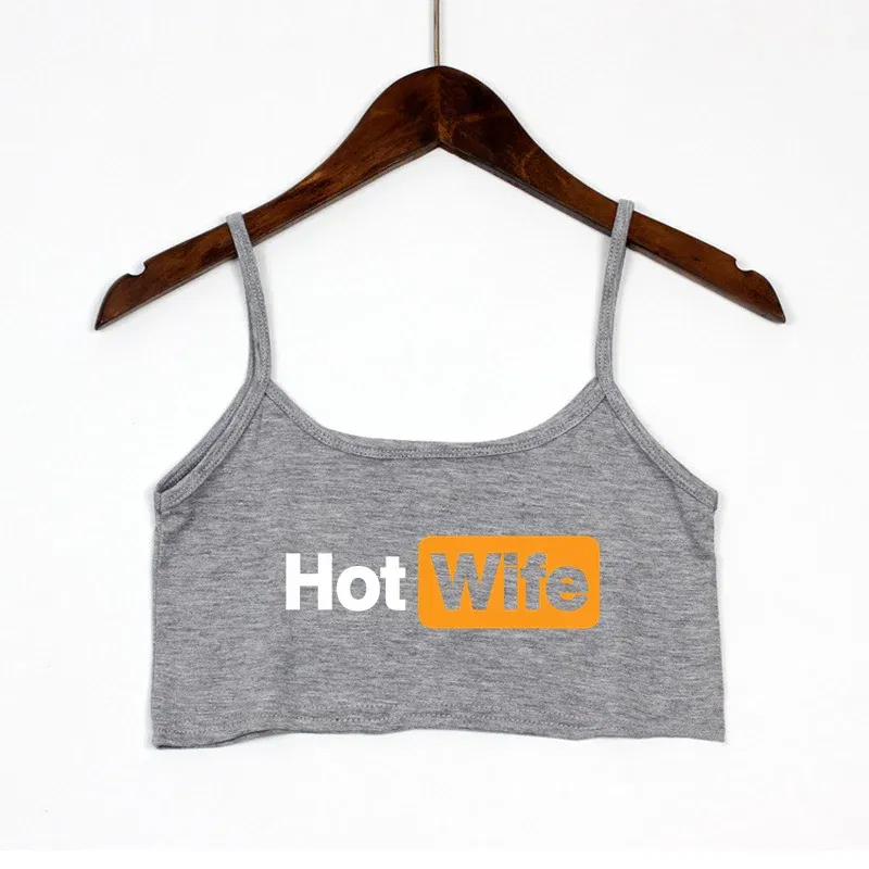 Color: SKY BLUE, Size: XL - Funny HOT WIFE Letters Print New Sexy Crop Top Summer Women's Sexy Elastic Cotton Camis Sleeveless Short Tank Top Bar Women