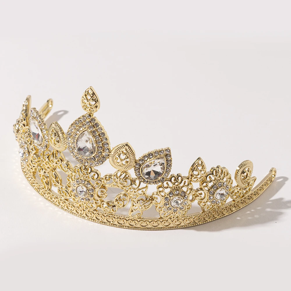 Metal color: Light Yellow Gold Color - LUIZADA European Princess Queen Round Headdress Moroccan Bride Crystal Crown King Bride Headdress Wedding Hair Accessories