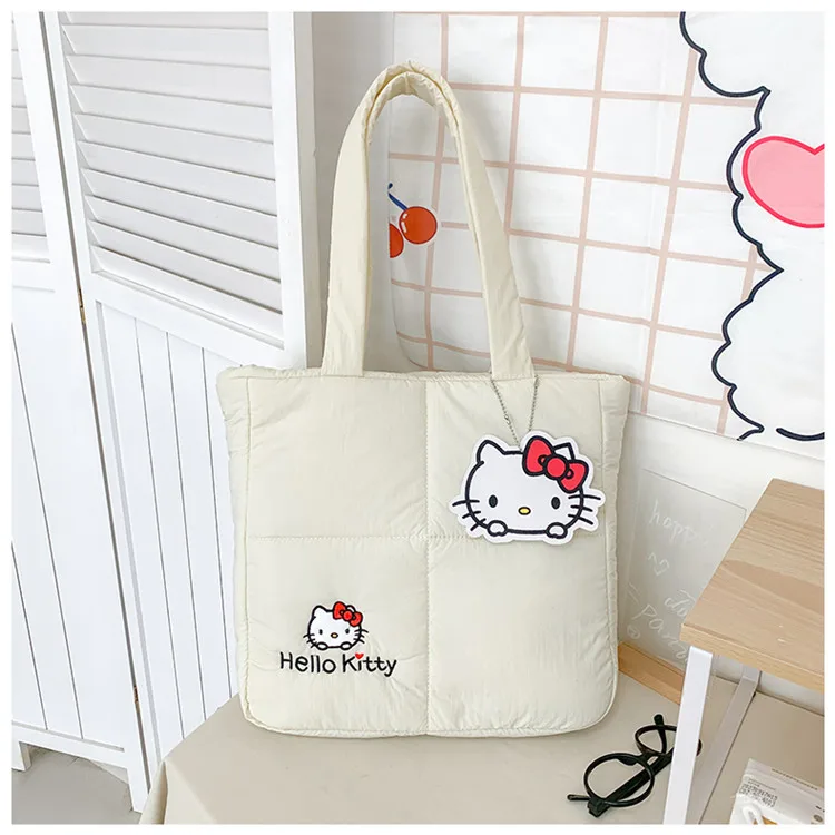 Color: Blue, Size: Extra Large - 2024 New Sanrio Handbag Cartoon Cute Down Fabric Kuromi Tote Bag Shoulder Pacha Dog Cute Stationery Bag Large Capacity Handbag