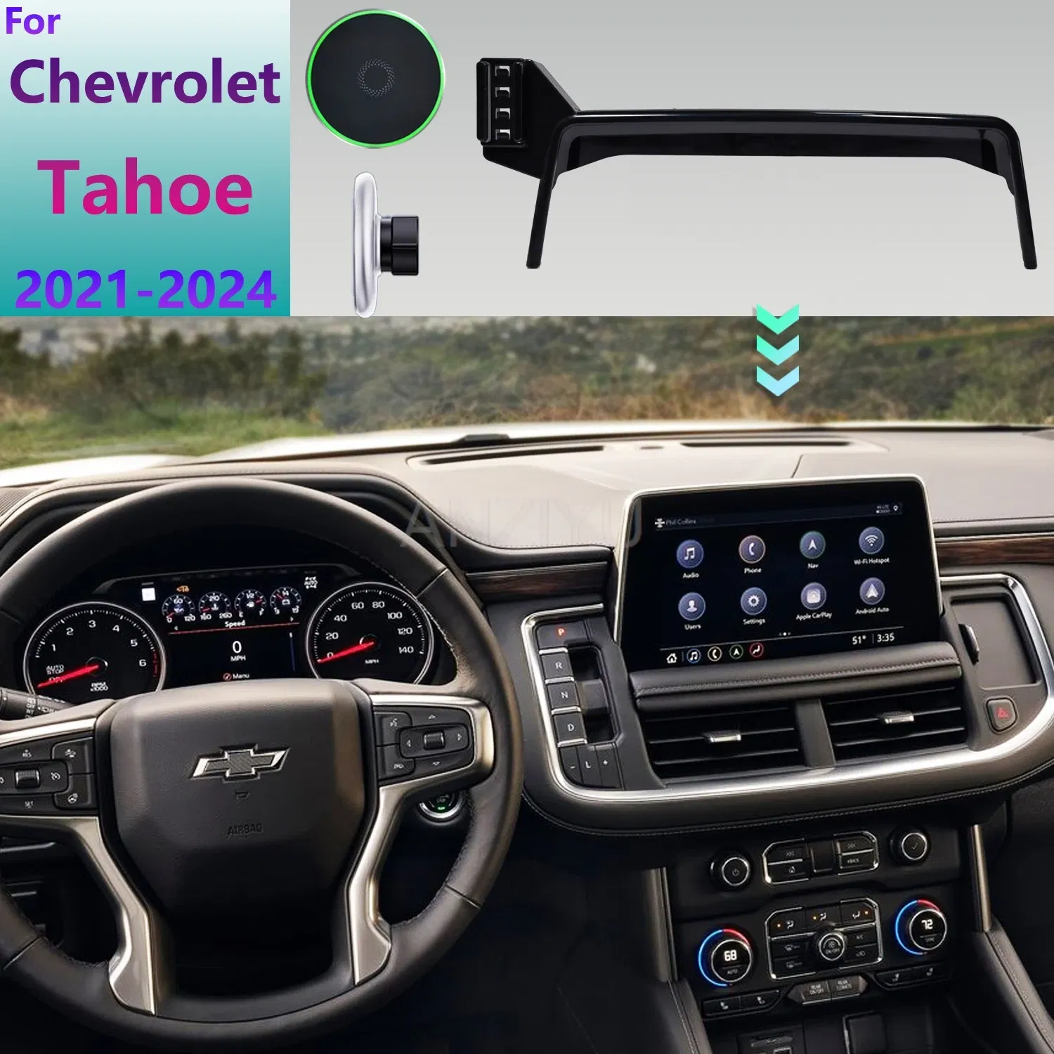 Color: Blue - For Chevrolet Tahoe 2024 2023 2022 2021 Car Phone Holder Screen Fixed Base Magnetic Mobile Phone Wireless Charging Stand MagSafe