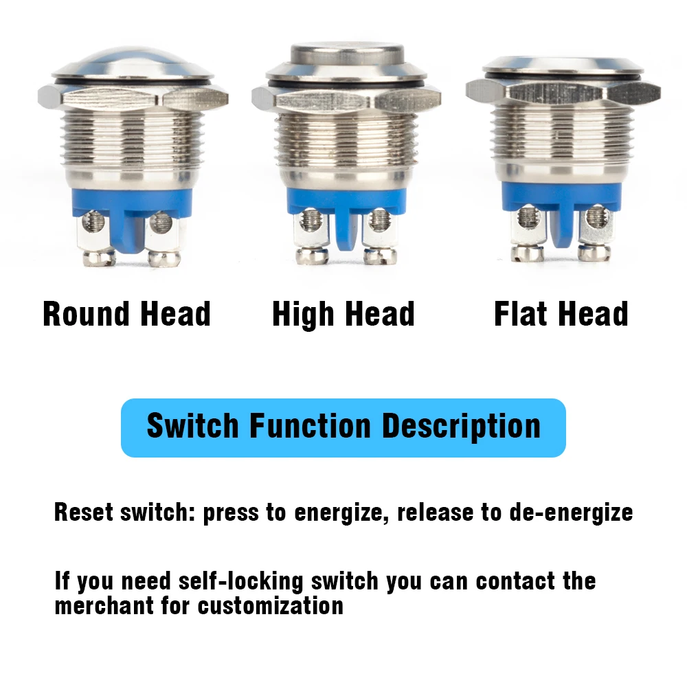 Color: Blue - 16mm 1NO High Flat Head Waterproof Momentary Reset Metal Push Button Switch Screw Terminal Car Engine Doorbell PC Power Switch
