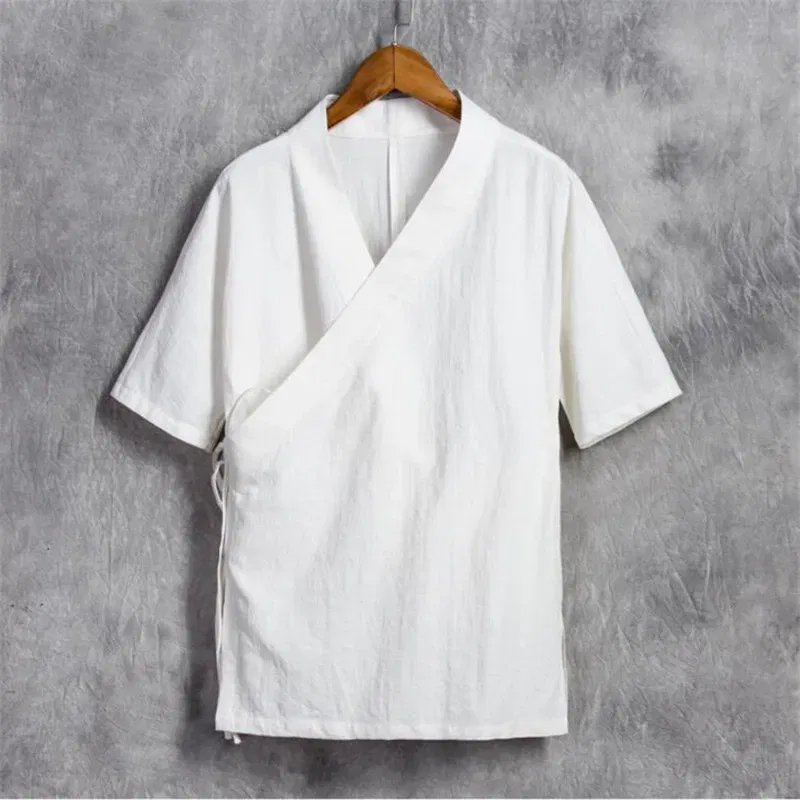 Color: Khaki, Size: XXL - Men Cotton Linen Short sleeve Kung Fu Shirt Classic Chinese Style Tang Clothing Size M-6XL