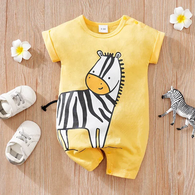 Kid Size: 3M - Summer Boys' Cute Cartoon Zebra All Cotton Comfortable Casual Round Neck Short Sleeve Baby Bodysuit