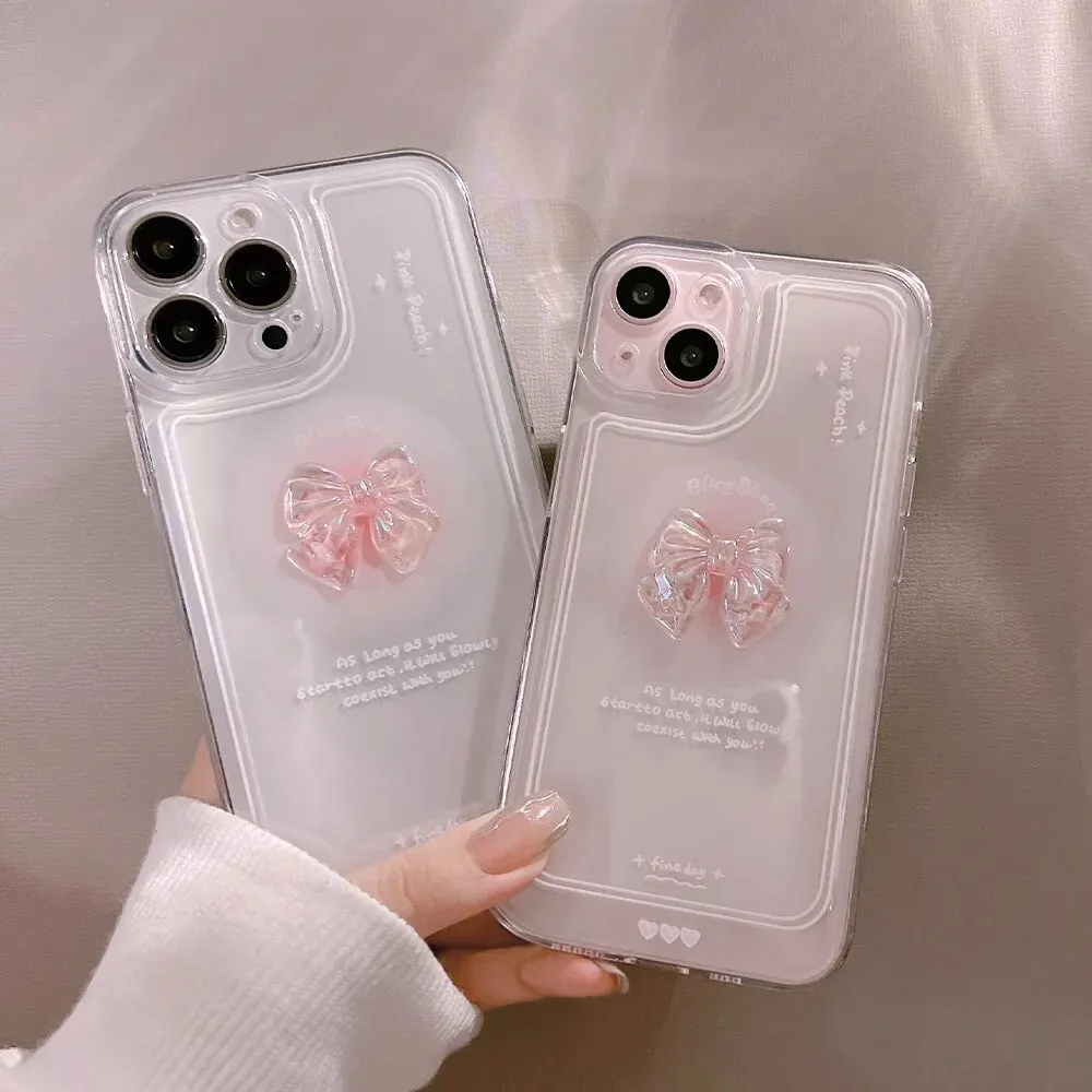 Material: EVA, Color: WHITE - NEW 3D Bow Transparent Mobile Phone Case For IPhone 15 14 Plus 13 Pro Max 12 Pro 11 Stereo Crystal Candy Cute Full Soft Cover