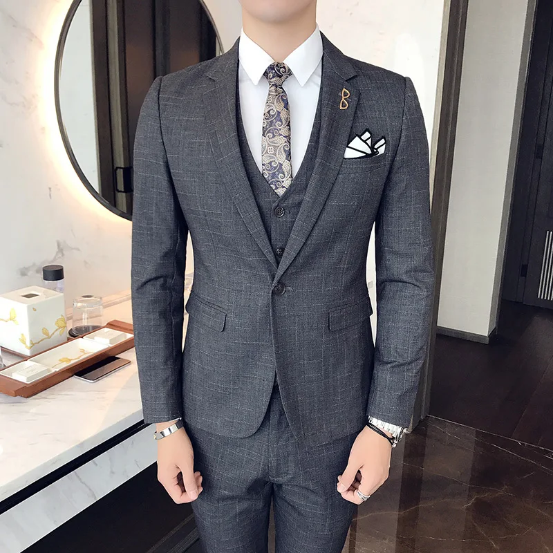 Color: Gold, Size: 4XL - Gray Men Classic Striped/Checked Suits, Business Office 3 Piece, Asian Size Slim Fit Men Dress Jacket & Pants with Vest, S-4XL