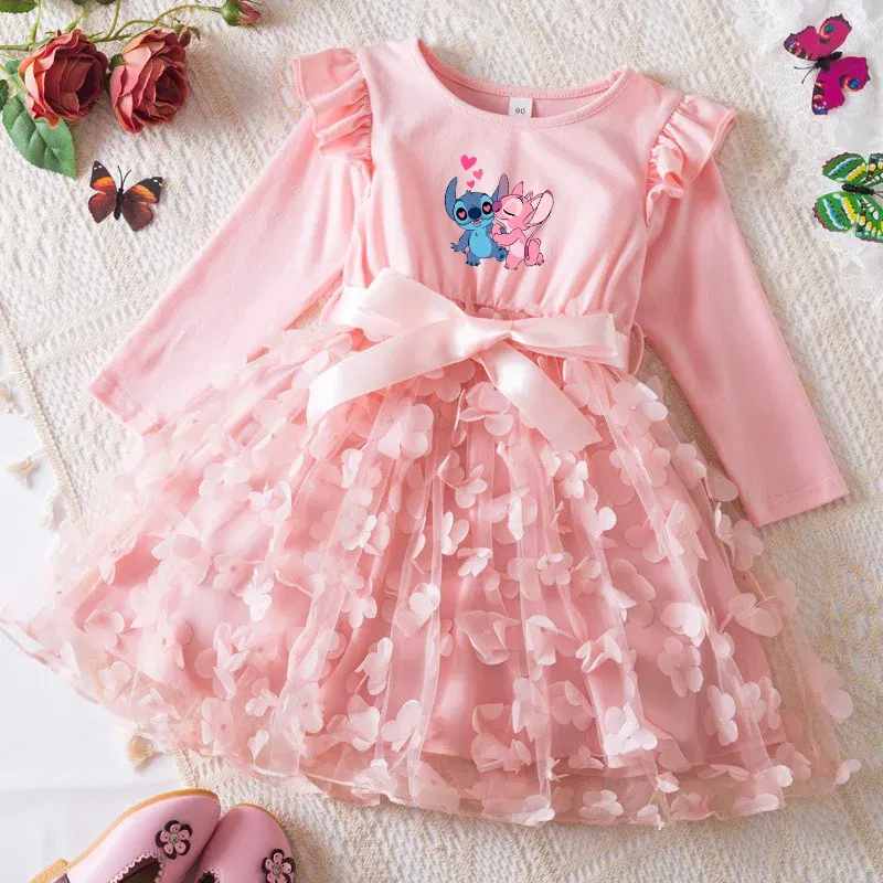 Color: Pink, Size: One Size, Height: 164 - Lilo Stitch Girl Baby Dresses Spring Autumn Child Long Sleeve Sweet Princess Dress Mesh Newborn Casual Dress Birthday Party 2-6Y