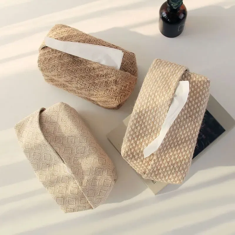 Color: Chocolate - Checkerboard Woven Tissue Box PU Leather Napkin Case Living Room Office Desktop Home Decoration Creative Paper Towel Cover