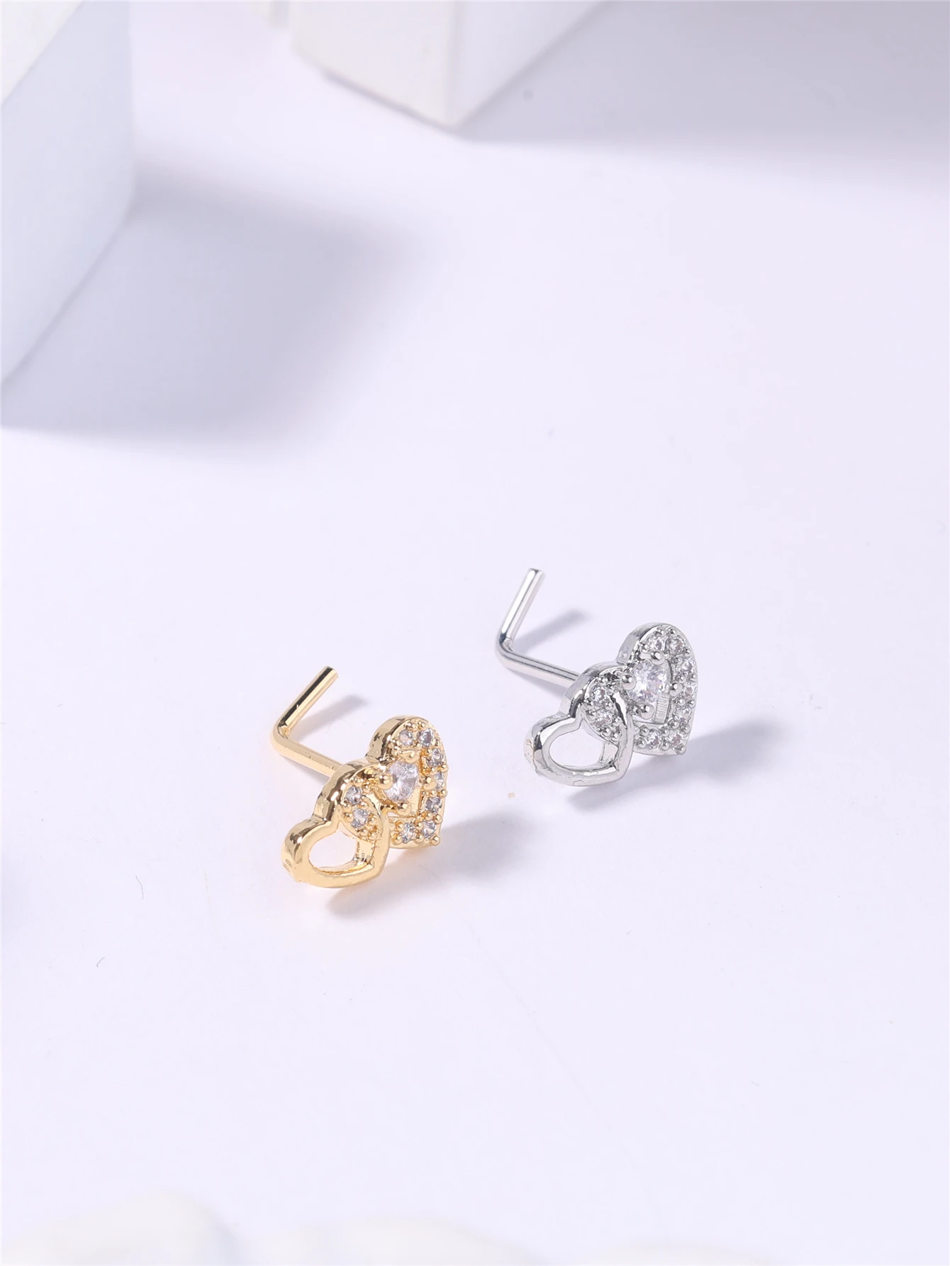Metal color: Silver - 20G L Shaped Nose Studs Rings Cute Heart Shiny CZ Love Stone Gold Silver Color Nose Piercing for Women Girl Nostril Jewelry