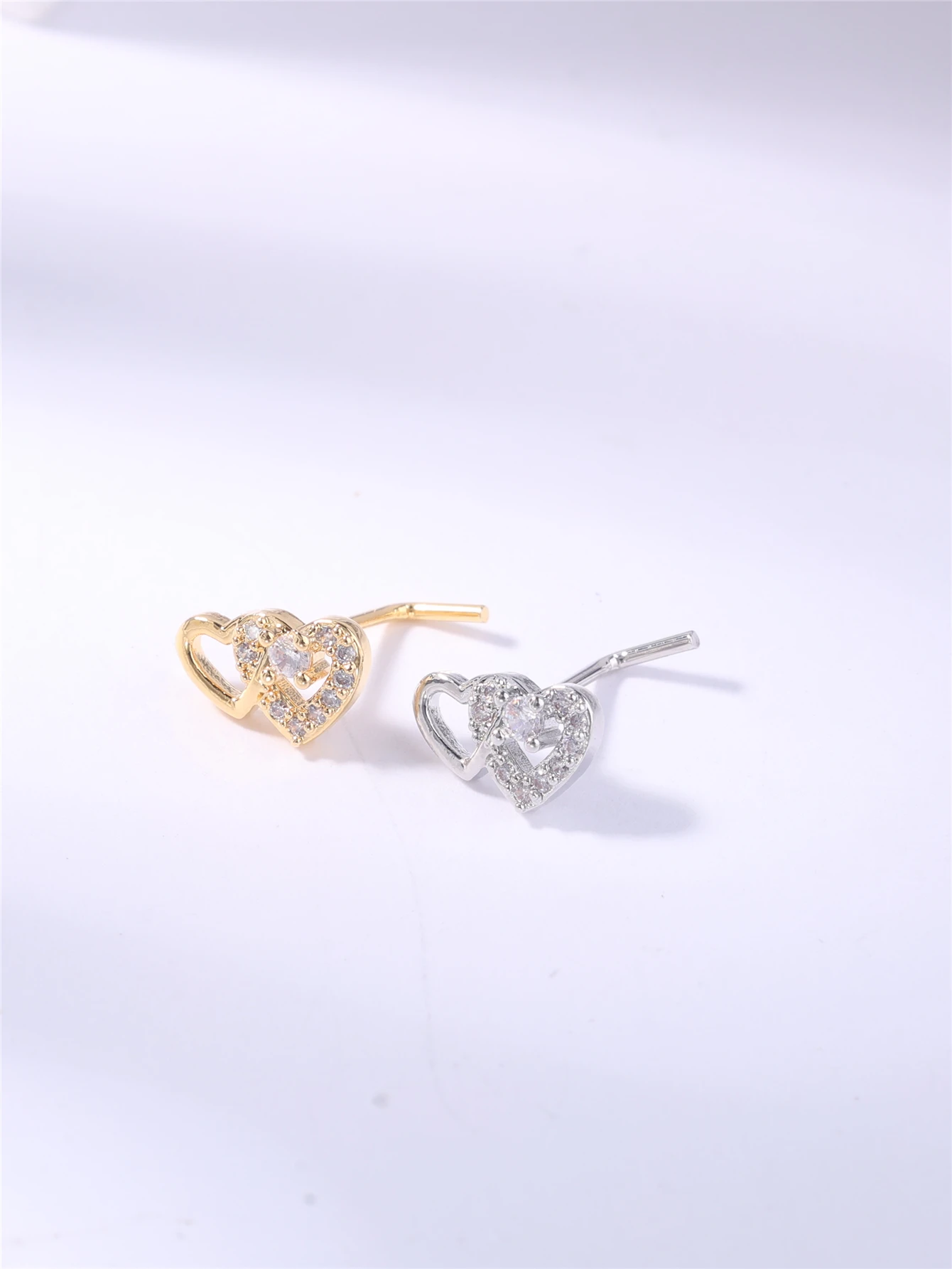 Metal color: Silver - 20G L Shaped Nose Studs Rings Cute Heart Shiny CZ Love Stone Gold Silver Color Nose Piercing for Women Girl Nostril Jewelry