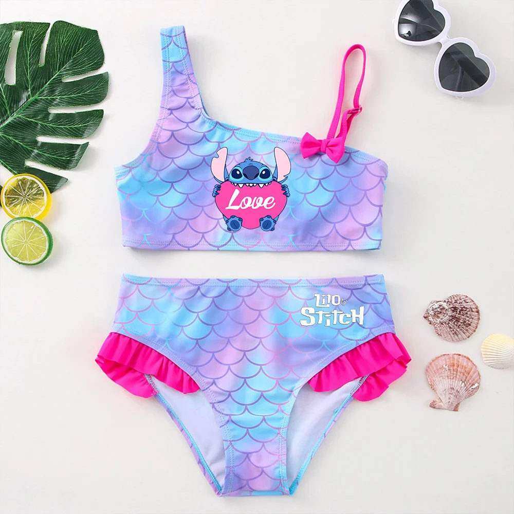 Color: Ivory, Size: L - Lilo Stitch Girls Swimsuit One-Piece Bathing Suits Kids Wear Fashion Mermaid Fish Children's Dresses Summer Swimwear Beach Suit