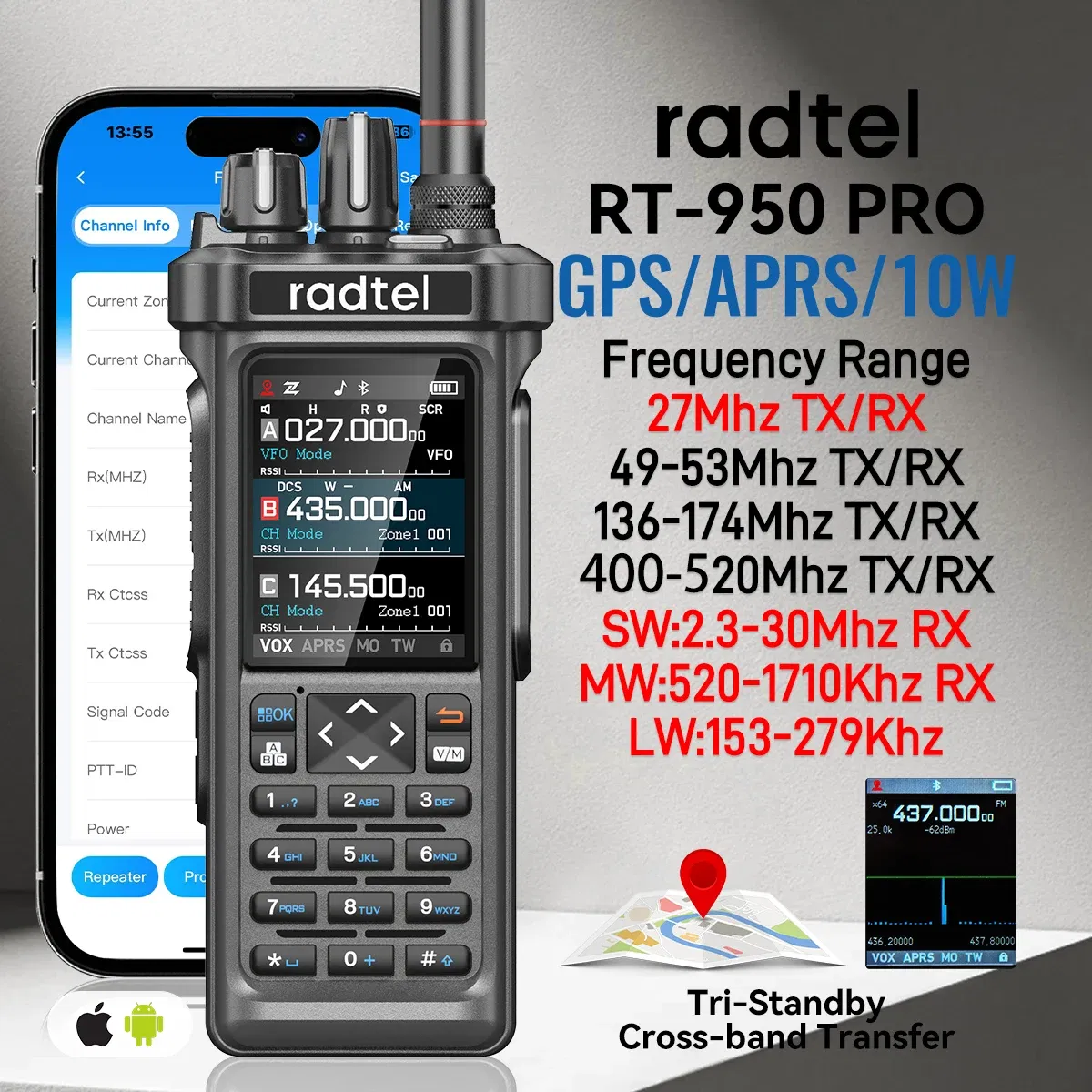 Plug Type: US - Radtel RT-950 PRO Walkie Talkie AM/FM/CB/LSB/USB/CW Receiver with GPS APRS 10W Bluetooth Phone Programming Ham Radio RT-950PRO