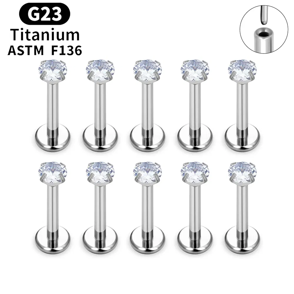 Metal color: Imitation Rhodium Plated, Ships From: CHINA, Main Stone Color: GRAY - 10PCS ASTM F136 G23 Titanium Piercing Labret Lip Ring Stud Earring CZ Ear Tragus Cartilage Helix Daith Pierc Jewelry 16/18/20g