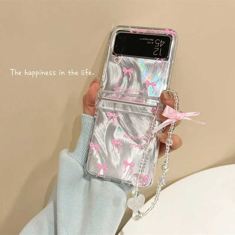 Color: GRAY, Material: Nylon - For Samsung Galaxy Z Flip 3 4 5 6 Case Cute Pink Black Bow Feather Cards Bracelet Cover For Samsung Z Flip3 Flip4 ZFlip5