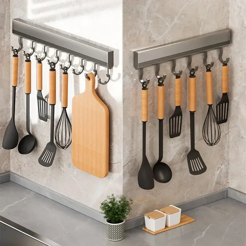 Color: light green - Wall Mounted Hooks Rack Punch Free Kitchen Utensils Storage Row Hook Holder Bathroom Towel Robe Coat Hangers Multi-Purpose Hooks