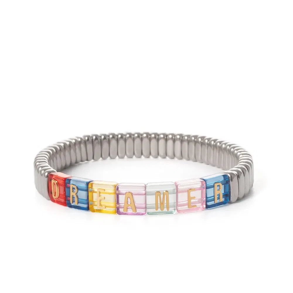Metal Color: Blue Zinc Plated, Ships From: CHINA - Wholesale Gold Silver Color Elastic Bracelets Handmade Letter Charms Bracelets For Women 2X8MM Beads Bracelets Bohemain Jewelry
