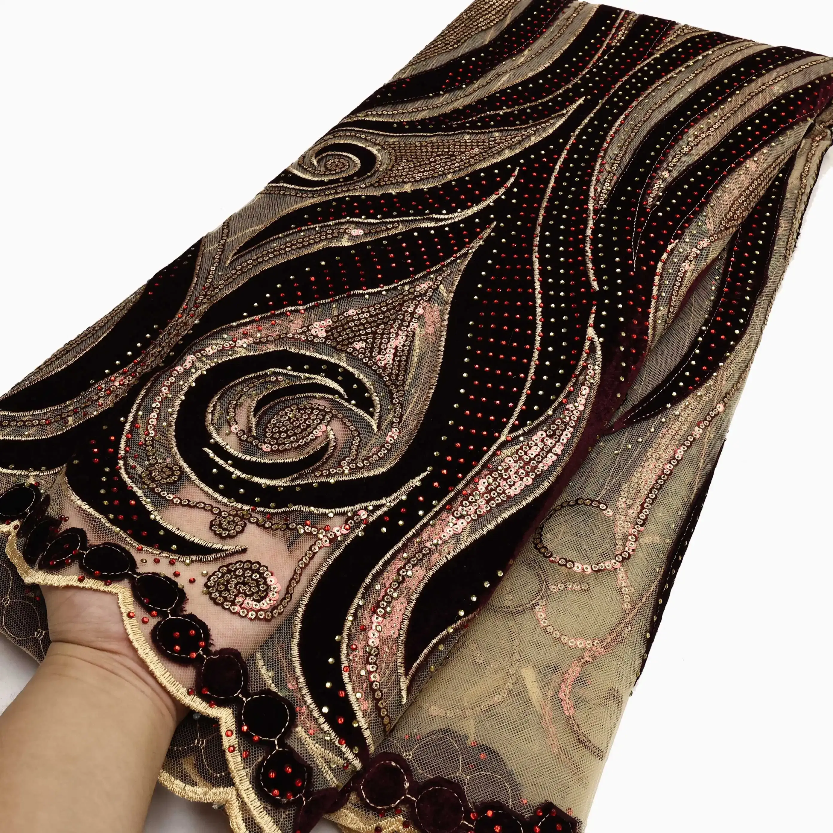 Color: Light Brown, length: 5 yards, Width: 120cm - PGC Luxury Flocking African Lace Fabric High Quality 2025 Nigerian Party Mesh Sequins Tulle Swiss Lace Velvet Fabric with Stone