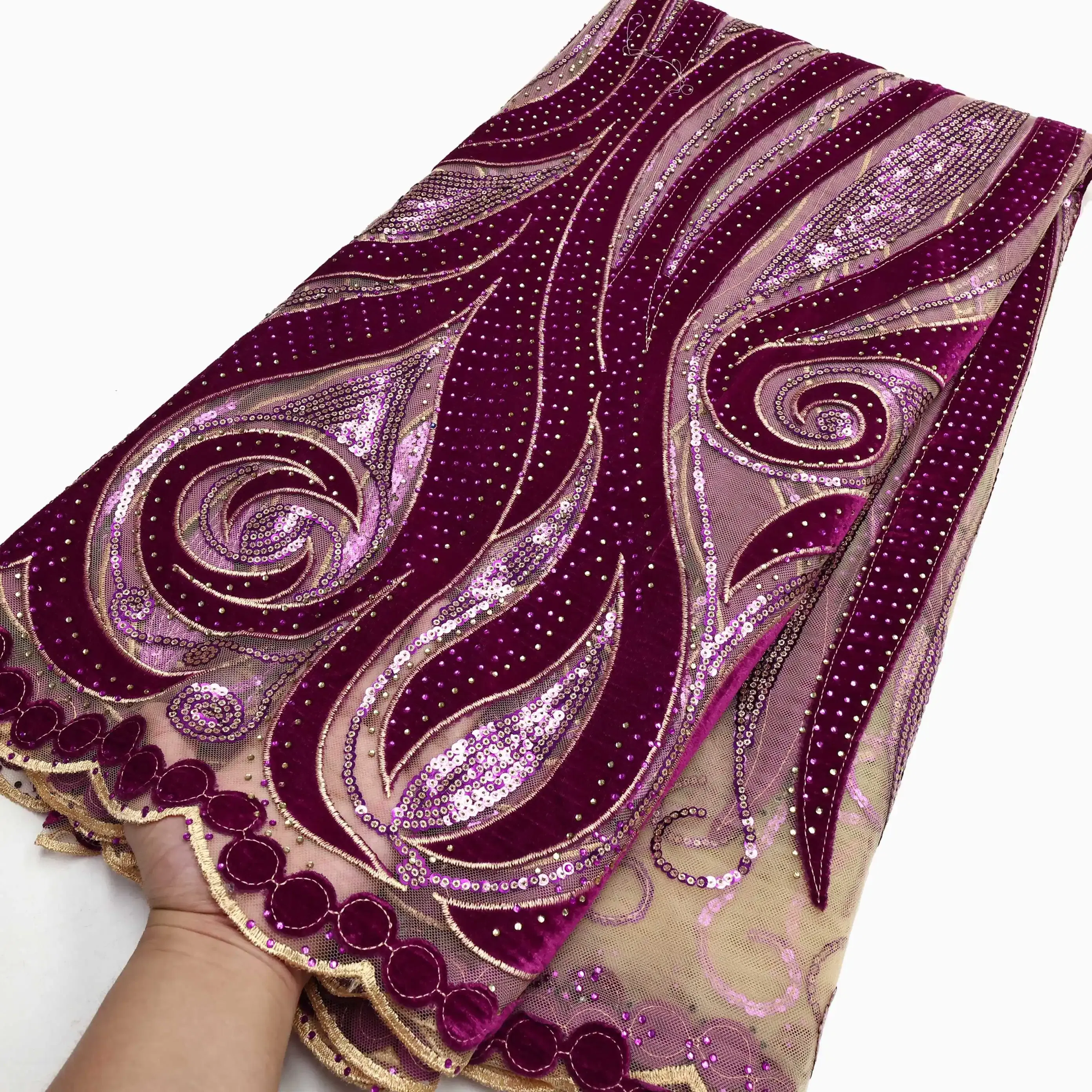 Color: Light Brown, length: 5 yards, Width: 120cm - PGC Luxury Flocking African Lace Fabric High Quality 2025 Nigerian Party Mesh Sequins Tulle Swiss Lace Velvet Fabric with Stone