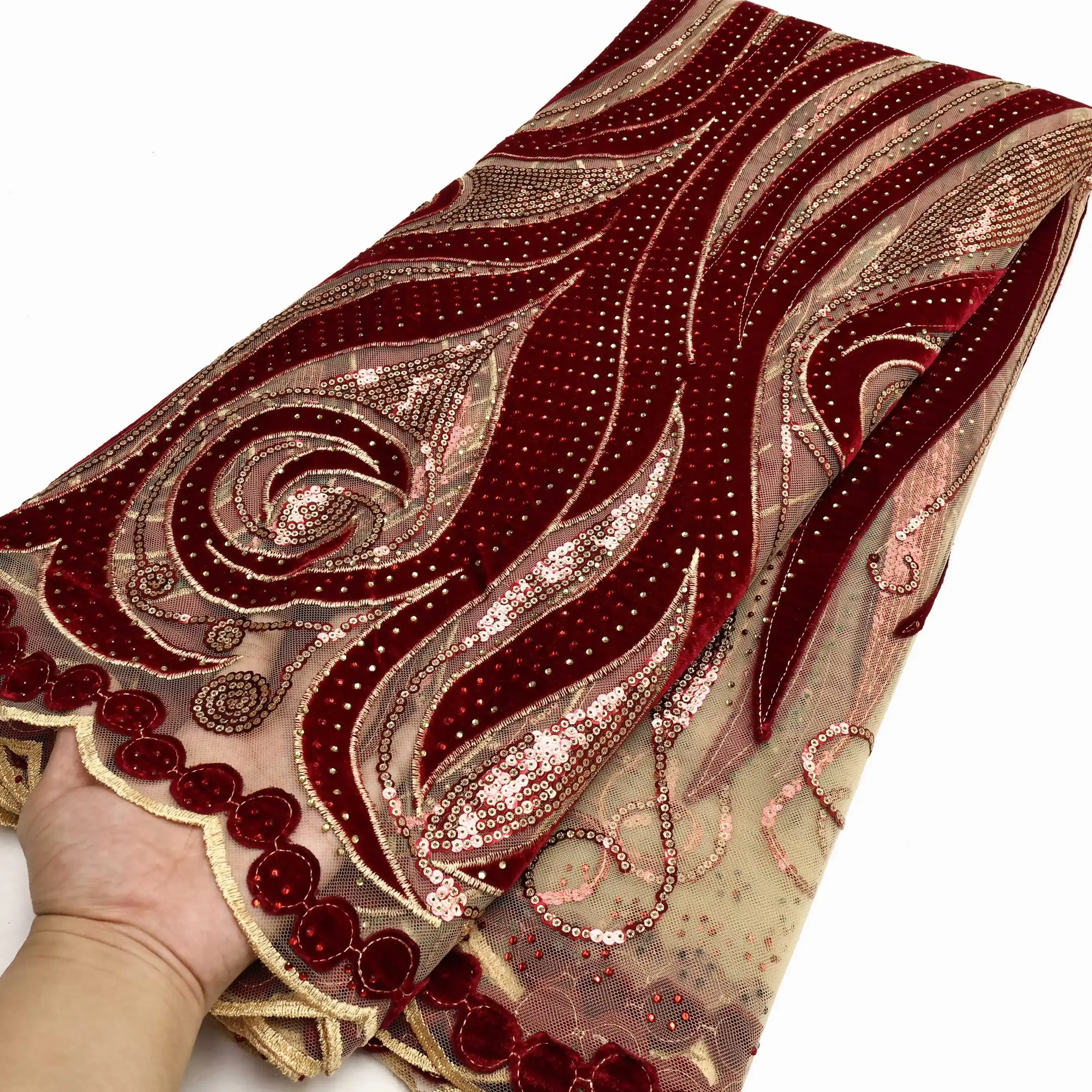 Color: Light Brown, length: 5 yards, Width: 120cm - PGC Luxury Flocking African Lace Fabric High Quality 2025 Nigerian Party Mesh Sequins Tulle Swiss Lace Velvet Fabric with Stone