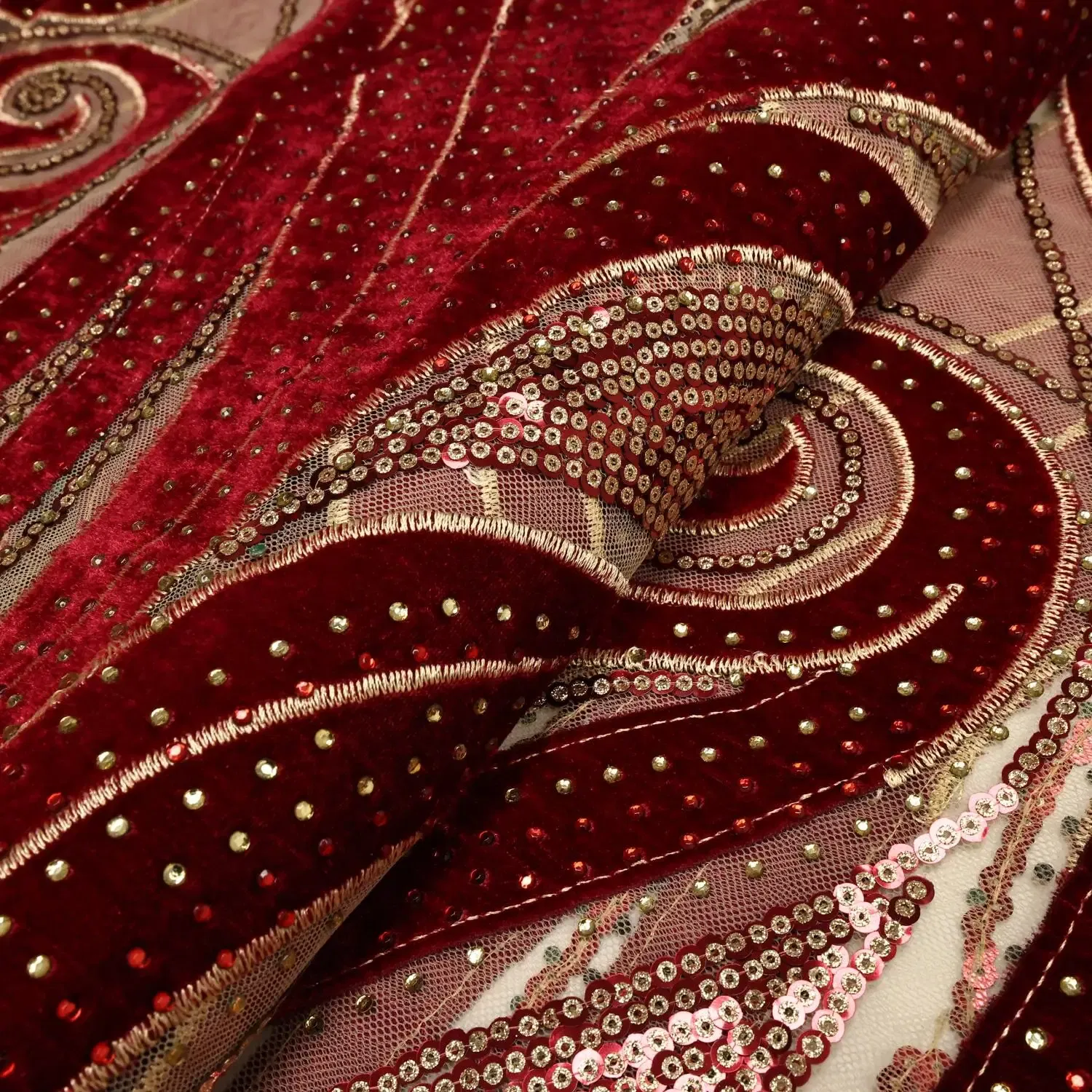 Color: Light Brown, length: 5 yards, Width: 120cm - PGC Luxury Flocking African Lace Fabric High Quality 2025 Nigerian Party Mesh Sequins Tulle Swiss Lace Velvet Fabric with Stone
