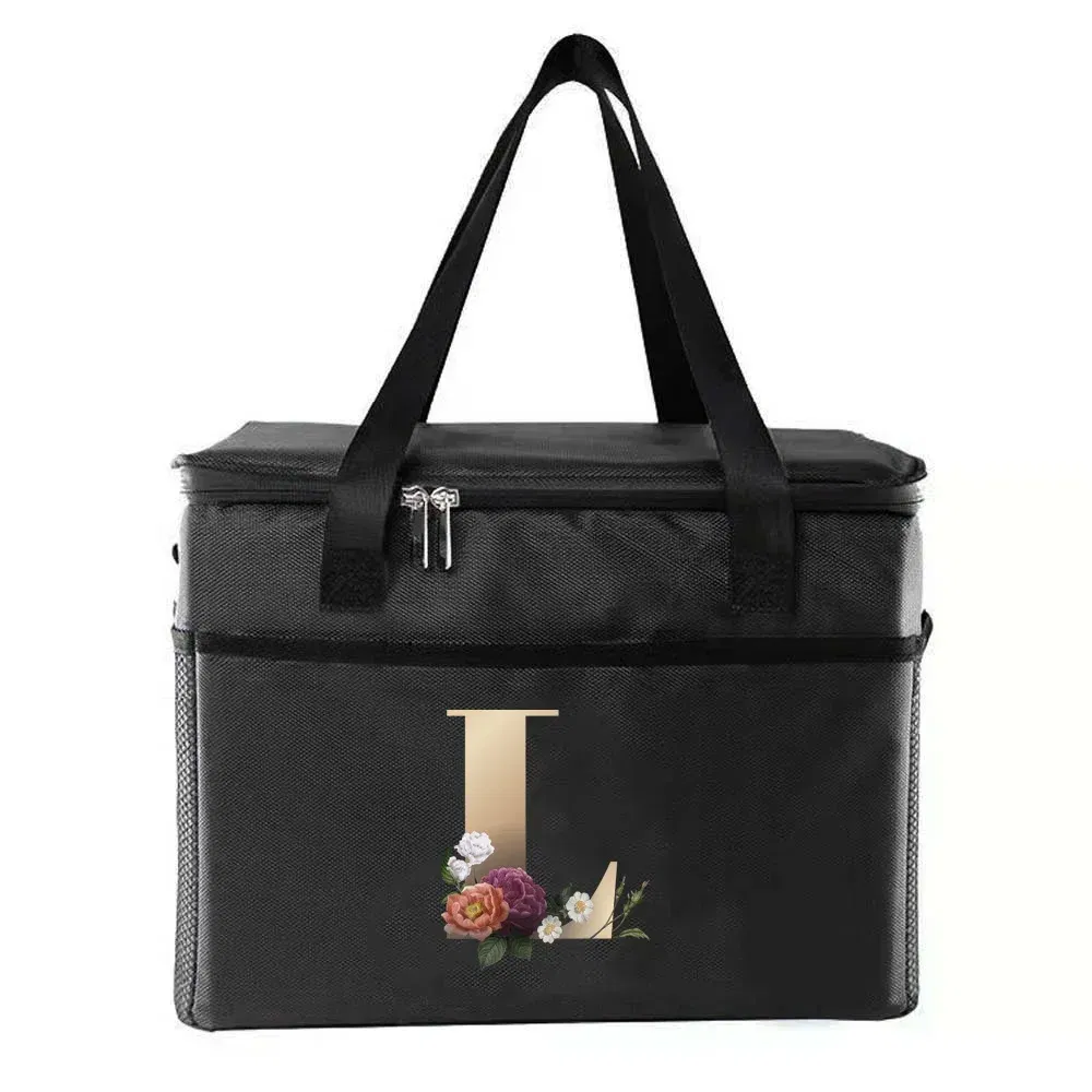Color: Khaki - Thermal Bag Portable Lunch Bags Insulated Cooler Bag Food Bento Bags Printing Gold Letter Series Travel Picnic Storage Ice Bags