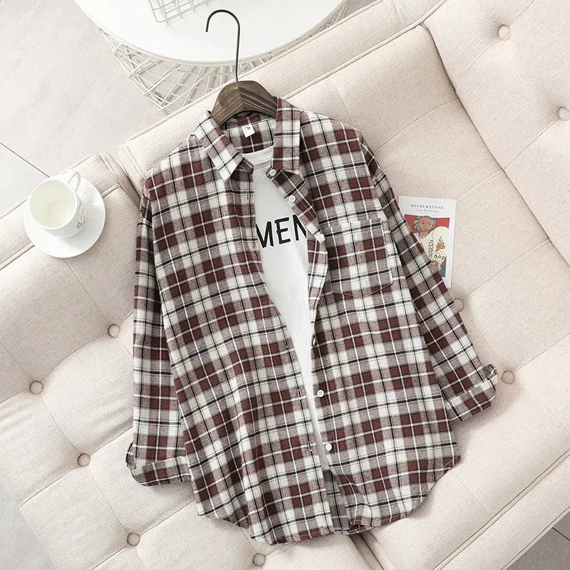 Color: Khaki, Size: M - Fresh Flannel Plaid Shirt Women 2025 New Female Blouses and Tops Cotton Loose Long Sleeve Casual Shirts Fine Women's Clothes