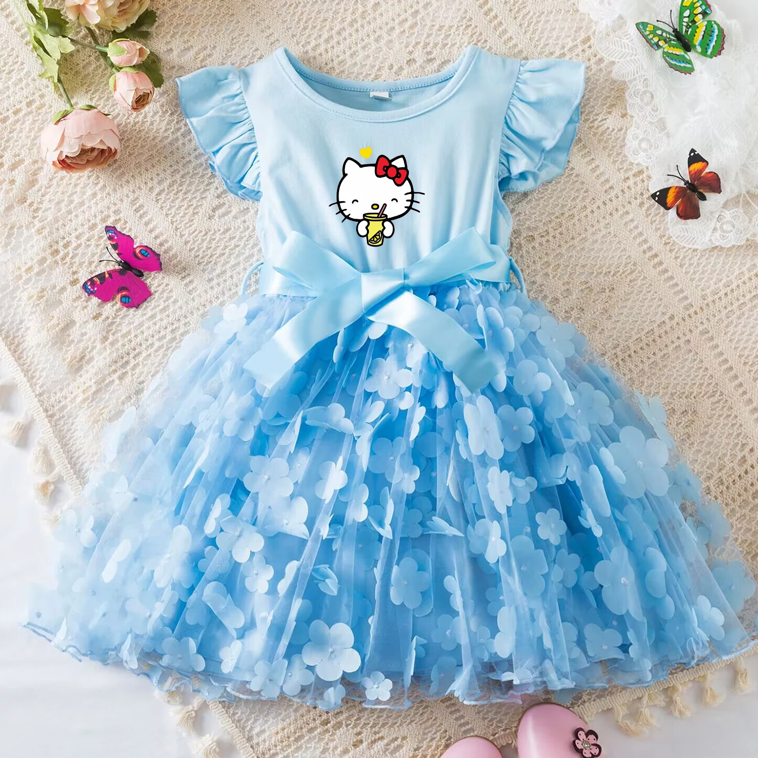 Color: Navy Blue, Size: M - Hello Kitty Summer Dress for Kid's Casual Clothes 3D Butterfly Cute Baby Girls Princess Dress Party Dresses 2-6 Yrs