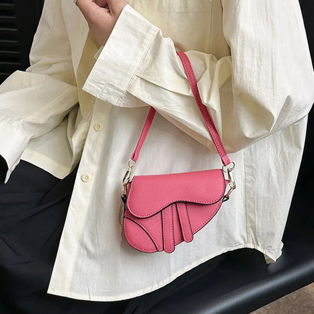 Color: Hot Pink - Women Fashion Mini Handbags Hasp Zipper Messenger Bags Saddle Bag Solid Color Casual Simple Inside Lock Ornament Bag